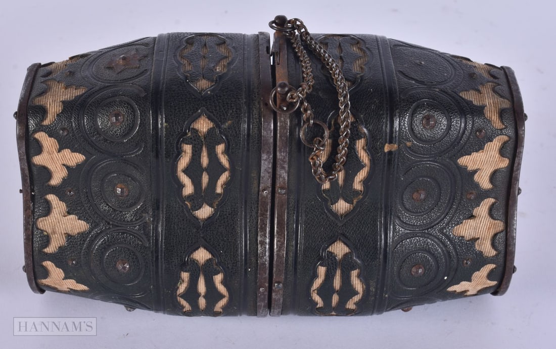 AN UNUSUAL LARGE GEORGE III LEATHER AND STEEL DOUBLE ETUI. 21 cm x 12 cm.: AN UNUSUAL LARGE GEORGE III LEATHER AND STEEL DOUBLE ETUI. 21 cm x 12 cm.