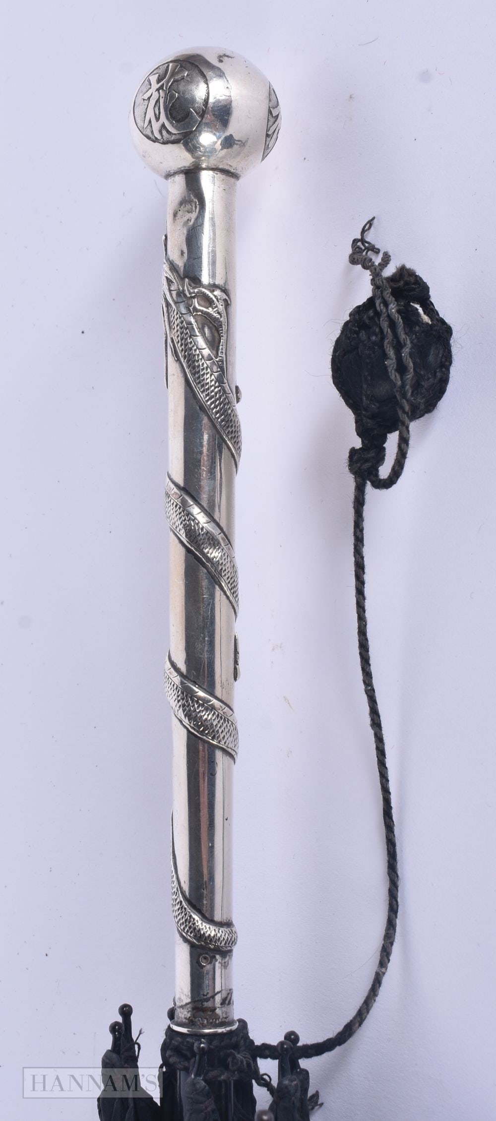 A 19TH CENTURY CHINESE EXPORT SILVER DRAGON PARASOL. 89 cm long. (1 of 5)