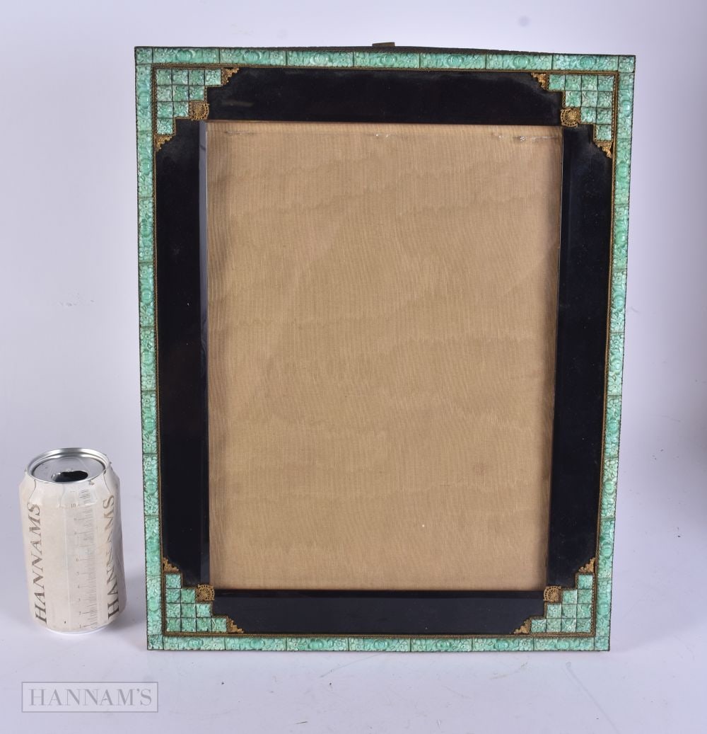 A LARGE ART DECO JADEITE GLASS AND GILT METAL FRAME. 38 cm x 30 cm. (1 of 3)