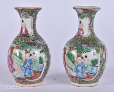 A PAIR OF 19TH CENTURY CHINESE CANTON FAMILLE ROSE VASES Qing. 8 cm high.: A PAIR OF 19TH CENTURY CHINESE CANTON FAMILLE ROSE VASES Qing. 8 cm high.