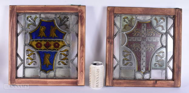 A PAIR OF STAINED GLASS WINDOWS. 35 cm x 38 cm.: A PAIR OF STAINED GLASS WINDOWS. 35 cm x 38 cm.