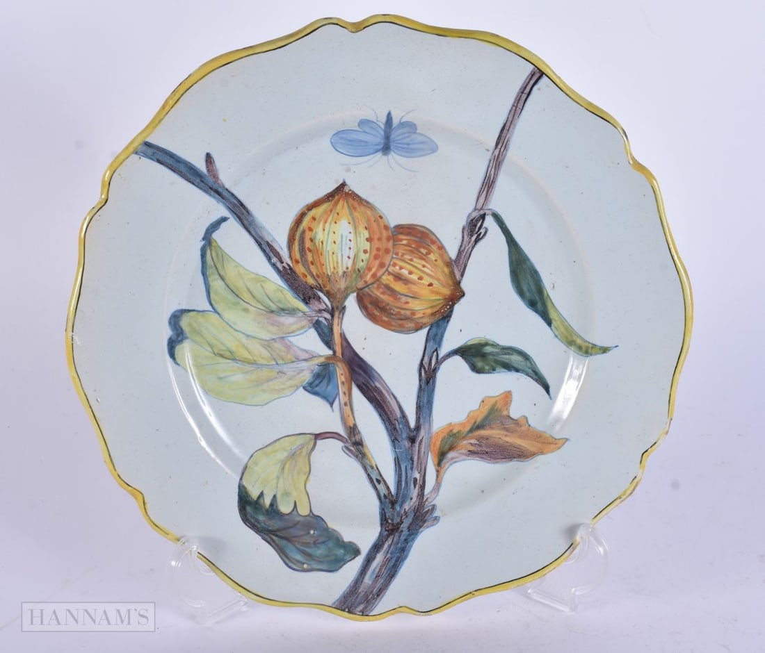 A RARE EARLY FRENCH QUIMPER FAIENCE BOTANICAL PLATE. 23 cm wide. (1 of 5)