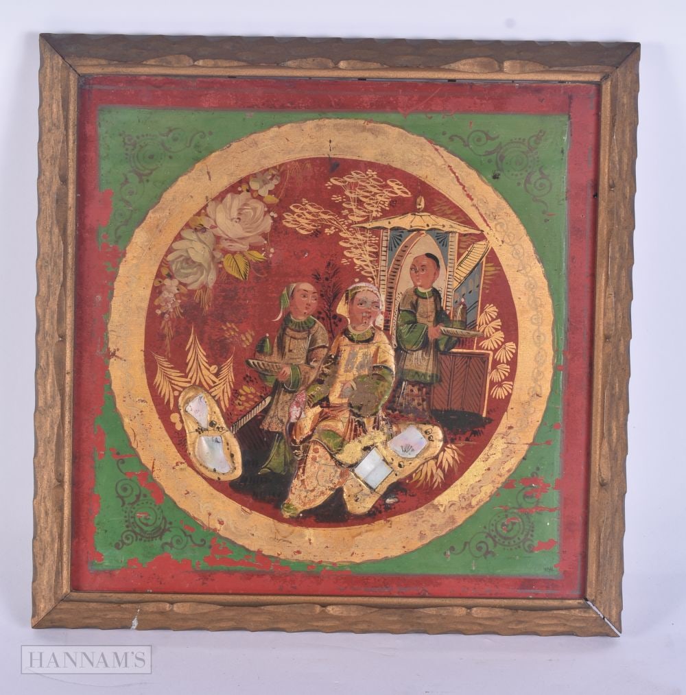 AN UNUSUAL REGENCY PAINTED AND LACQUERED WOODEN COUNTRY HOUSE PANEL depicting Chinoiserie scenes. 30 (1 of 4)