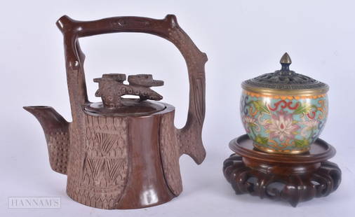 A CHINESE SOAPSTONE TEAPOT AND COVER together with a cloisonne enamel censer on stand. (3): A CHINESE SOAPSTONE TEAPOT AND COVER together with a cloisonne enamel censer on stand. (3)