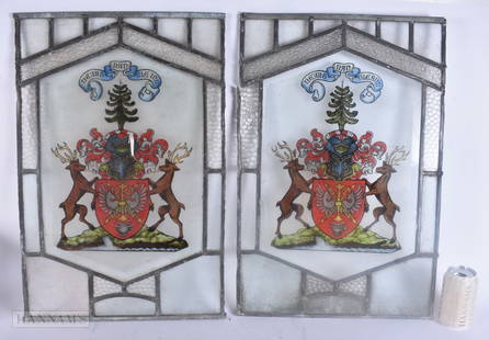 A PAIR OF STAINED GLASS WINDOWS. 60 cm x 42 cm.: A PAIR OF STAINED GLASS WINDOWS. 60 cm x 42 cm.