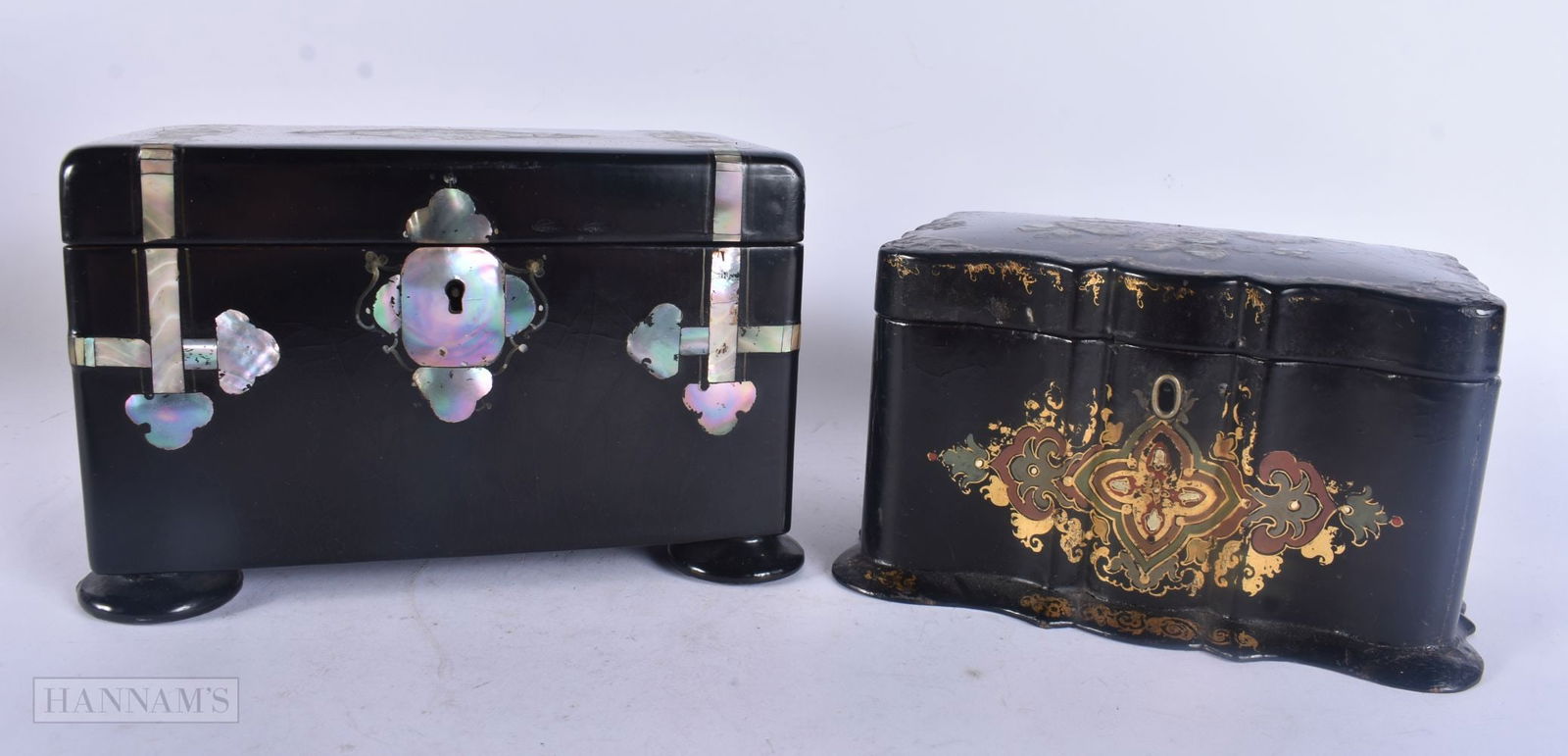 TWO VICTORIAN PAPIER MACHE TEA CADDIES. Largest 21 cm x 14 cm. (2) (1 of 5)