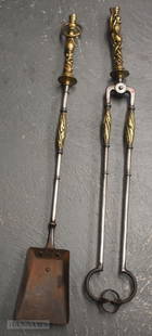 A FINE AND LARGE PAIR OF 18TH CENTURY BRONZE AND STEEL FIRESIDE TOOLS. 90 cm long.: A FINE AND LARGE PAIR OF 18TH CENTURY BRONZE AND STEEL FIRESIDE TOOLS. 90 cm long.