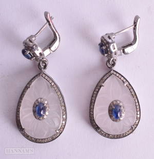 A PAIR OF DIAMOND AND ROCK CRYSTAL EARRINGS. 13.5 grams. 4 cm x 1.75 cm.: A PAIR OF DIAMOND AND ROCK CRYSTAL EARRINGS. 13.5 grams. 4 cm x 1.75 cm.
