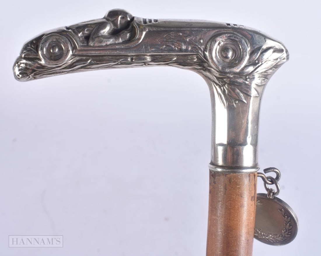 A RARE ANTIQUE GERMAN SILVER MOUNTED AUTOMOTIVE RACE CAR WALKING CANE. 90 cm long. (1 of 6)