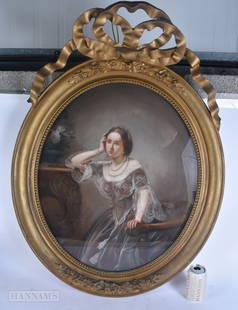 French School (19th Century) Framed oval pastel portrait, Possibly Empress Eugenie De Montijo of Fra: French School (19th Century) Framed oval pastel portrait, Possibly Empress Eugenie De Montijo of France, signed J Laplace 1858. Image 64 cm x 53 cm, frame 3ft x 2ft.
