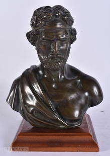 A 19TH CENTURY EUROPEAN GRAND TOUR BRONZE BUST OF A MALE After the Antiquity. 22 cm x 14 cm.: A 19TH CENTURY EUROPEAN GRAND TOUR BRONZE BUST OF A MALE After the Antiquity. 22 cm x 14 cm.
