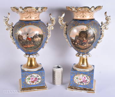 A VERY LARGE PAIR OF MID 19TH CENTURY FRENCH PARIS PORCELAIN VASES painted with landscapes and figur: A VERY LARGE PAIR OF MID 19TH CENTURY FRENCH PARIS PORCELAIN VASES painted with landscapes and figures. 48 cm x 24 cm.