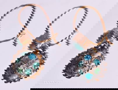 A PAIR OF ANTIQUE 15CT GOLD TURQUOISE EARRINGS. 2.3 grams. 2.25 cm x 1 cm.: A PAIR OF ANTIQUE 15CT GOLD TURQUOISE EARRINGS. 2.3 grams. 2.25 cm x 1 cm.
