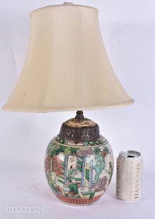 A 19TH CENTURY CHINESE CRACKLE GLAZED FAMILLE VERTE PORCELAIN LAMP Late Qing. 44 cm high.: A 19TH CENTURY CHINESE CRACKLE GLAZED FAMILLE VERTE PORCELAIN LAMP Late Qing. 44 cm high.