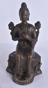 A 19TH CENTURY CHINESE TIBETAN BRONZE FIGURE OF A BUDDHA modelled with hands clasped holding trailin: A 19TH CENTURY CHINESE TIBETAN BRONZE FIGURE OF A BUDDHA modelled with hands clasped holding trailing vines. 22 cm high.