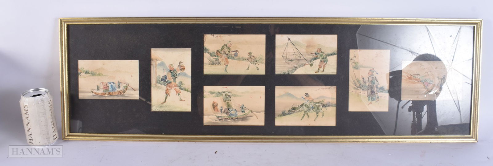 AN UNUSUAL LATE 19TH CENTURY CHINESE FRAMED WATERCOLOUR SET with several paintings formed from Chine