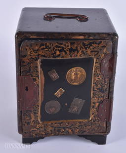 A 19TH CENTURY JAPANESE MEIJI PERIOD LACQUER CABINET overlaid with metal tokens. 18 cm x 14 cm x 12: A 19TH CENTURY JAPANESE MEIJI PERIOD LACQUER CABINET overlaid with metal tokens. 18 cm x 14 cm x 12 cm.