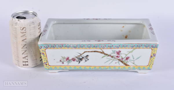 A CHINESE REPUBLICAN PERIOD PORCELAIN PLANTER painted with birds and flowers. 24 cm x 14 cm.: A CHINESE REPUBLICAN PERIOD PORCELAIN PLANTER painted with birds and flowers. 24 cm x 14 cm.