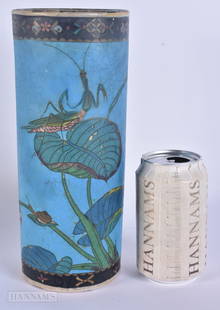 A RARE 19TH CENTURY JAPANESE MEIJI PERIOD CLOISONNE ENAMEL PORCELAIN BRUSH POT unusually decorated w: A RARE 19TH CENTURY JAPANESE MEIJI PERIOD CLOISONNE ENAMEL PORCELAIN BRUSH POT unusually decorated with insects. 24 cm high.