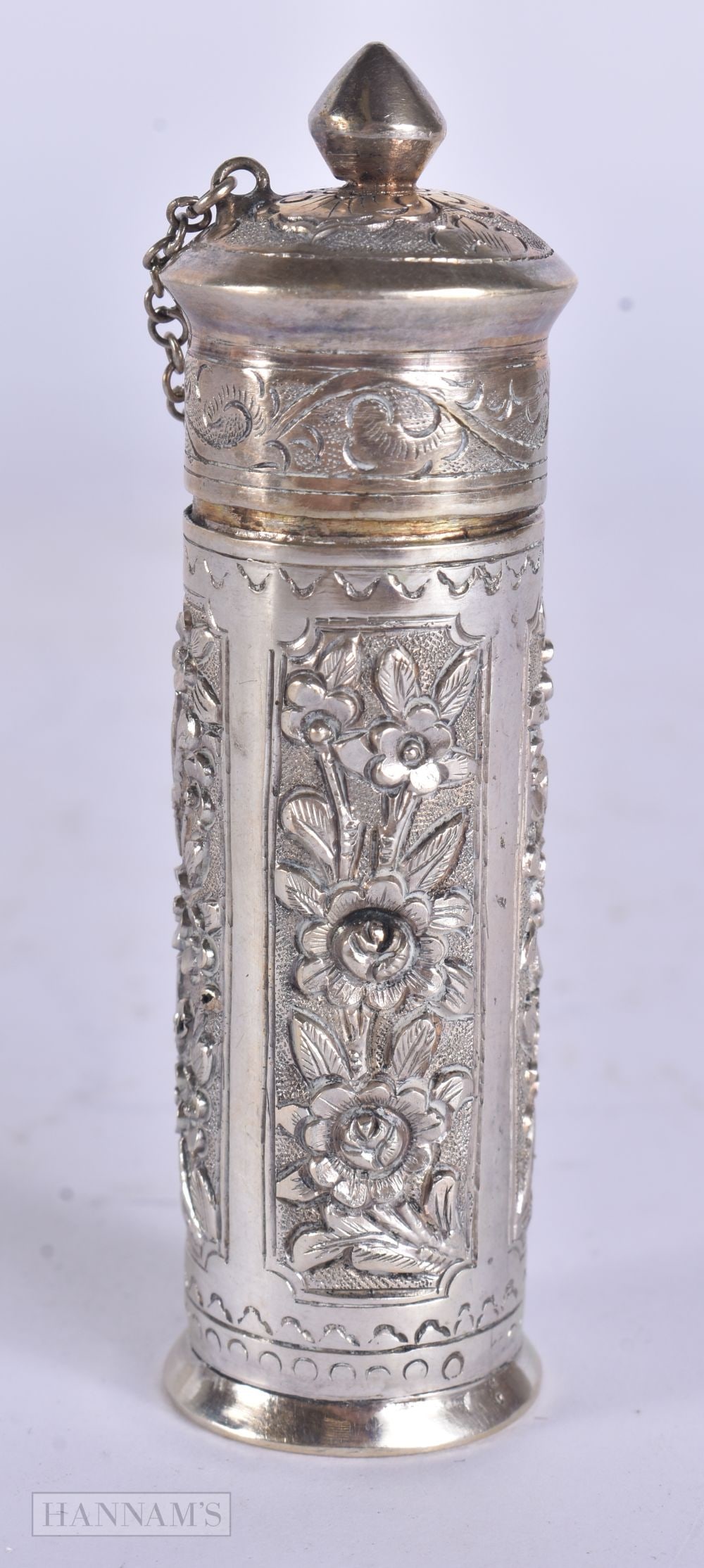 AN ANTIQUE CHINESE SILVER SCENT BOTTLE HOLDER. 31.9 grams. 8.5 cm x 2.5 cm. (1 of 4)