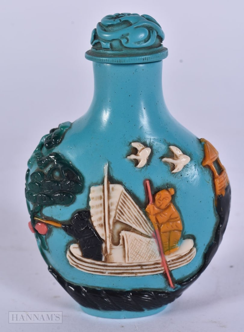 AN UNUSUAL CHINESE EMBELLISHED TURQUOISE TYPE SNUFF BOTTLE AND STOPPER. 8 cm x 5.5 cm. (1 of 6)