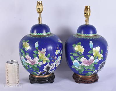 A PAIR OF CHINESE REPUBLICAN PERIOD CLOISONNE ENAMEL LAMPS. 38 cm high.: A PAIR OF CHINESE REPUBLICAN PERIOD CLOISONNE ENAMEL LAMPS. 38 cm high.