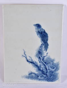 A CHINESE BLUE AND WHITE PORCELAIN TILE in the Manner of Wang Bu. 18.5 cm x 12.5 cm.: A CHINESE BLUE AND WHITE PORCELAIN TILE in the Manner of Wang Bu. 18.5 cm x 12.5 cm.