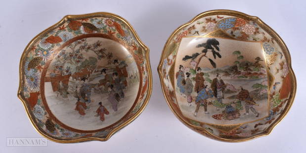 TWO LATE 19TH CENTURY JAPANESE MEIJI PERIOD SATSUMA BARBED BOWLS. 12.5 cm wide. (2): TWO LATE 19TH CENTURY JAPANESE MEIJI PERIOD SATSUMA BARBED BOWLS. 12.5 cm wide. (2)