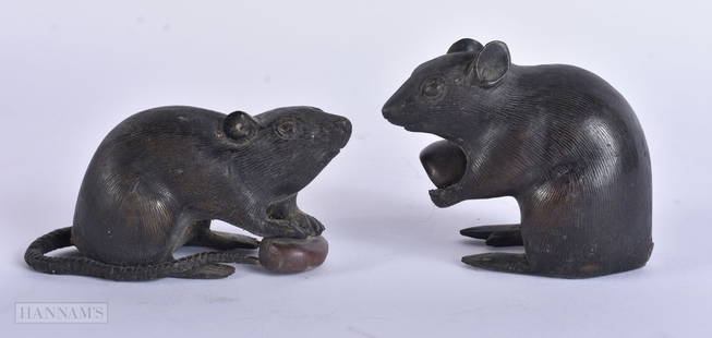 TWO 19TH CENTURY JAPANESE MEIJI PERIOD BRONZE RAT OKIMONO. 9.25 cm wide. (2): TWO 19TH CENTURY JAPANESE MEIJI PERIOD BRONZE RAT OKIMONO. 9.25 cm wide. (2)