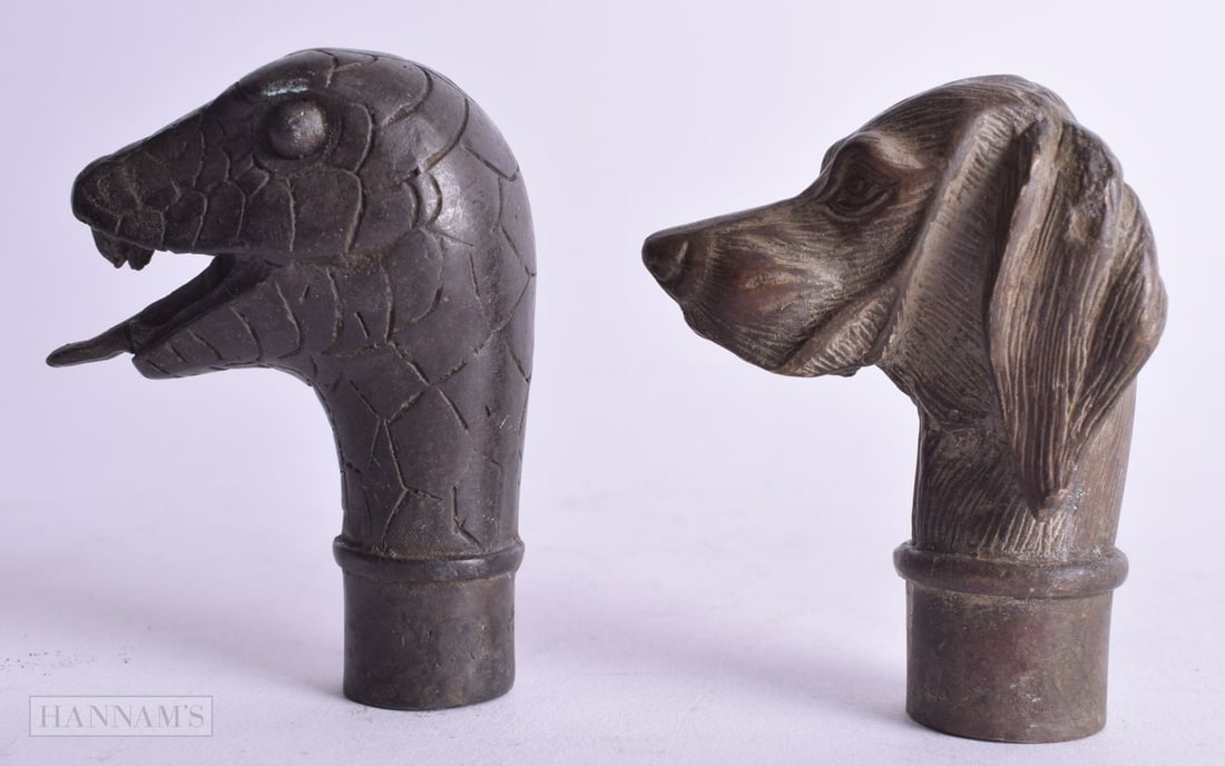 TWO CHINESE BRONZE CANE HANDLES. 293 grams. 7.5 cm x 5.75 cm. (2) (1 of 4)