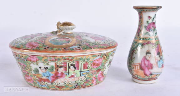 A 19TH CENTURY CHINESE CANTON FAMILLE ROSE DISH AND COVER Qing, together with a similar vase. Larges: A 19TH CENTURY CHINESE CANTON FAMILLE ROSE DISH AND COVER Qing, together with a similar vase. Largest 13 cm wide. (2)