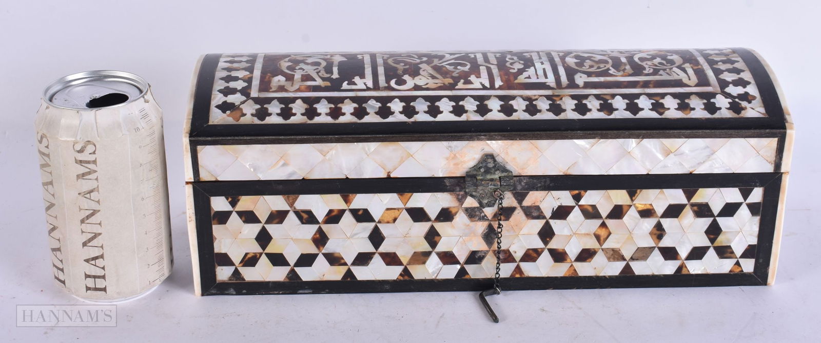 A TURKISH OTTOMAN MOTHER OF PEARL TORTOISESHELL INLAID CALLIGRAPHY CASKET. 32 cm x 12 cm.: A TURKISH OTTOMAN MOTHER OF PEARL TORTOISESHELL INLAID CALLIGRAPHY CASKET. 32 cm x 12 cm.