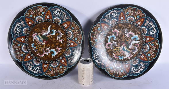 A LARGE PAIR OF 19TH CENTURY JAPANESE MEIJI PERIOD CLOISONNE ENAMEL DISHES decorated with birds. 35: A LARGE PAIR OF 19TH CENTURY JAPANESE MEIJI PERIOD CLOISONNE ENAMEL DISHES decorated with birds. 35 cm diameter.