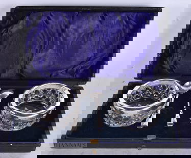 A PAIR OF CASED SILVER MOUNTED SALTS with spoons. (4): A PAIR OF CASED SILVER MOUNTED SALTS with spoons. (4)
