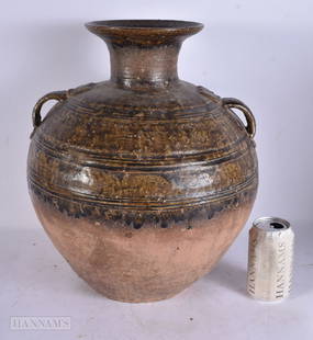 A LARGE 17TH/18TH CENTURY CHINESE OLIVE GREEN GLAZED POTTERY VESSEL. 38 cm x 28 cm.: A LARGE 17TH/18TH CENTURY CHINESE OLIVE GREEN GLAZED POTTERY VESSEL. 38 cm x 28 cm.