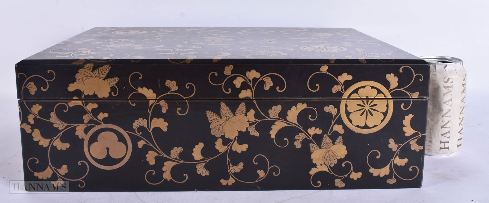 A LARGE 19TH CENTURY JAPANESE MEIJI PERIOD GOLD OVERLAID BLACK LACQUER BOX AND COVER decorated with (1 of 4)