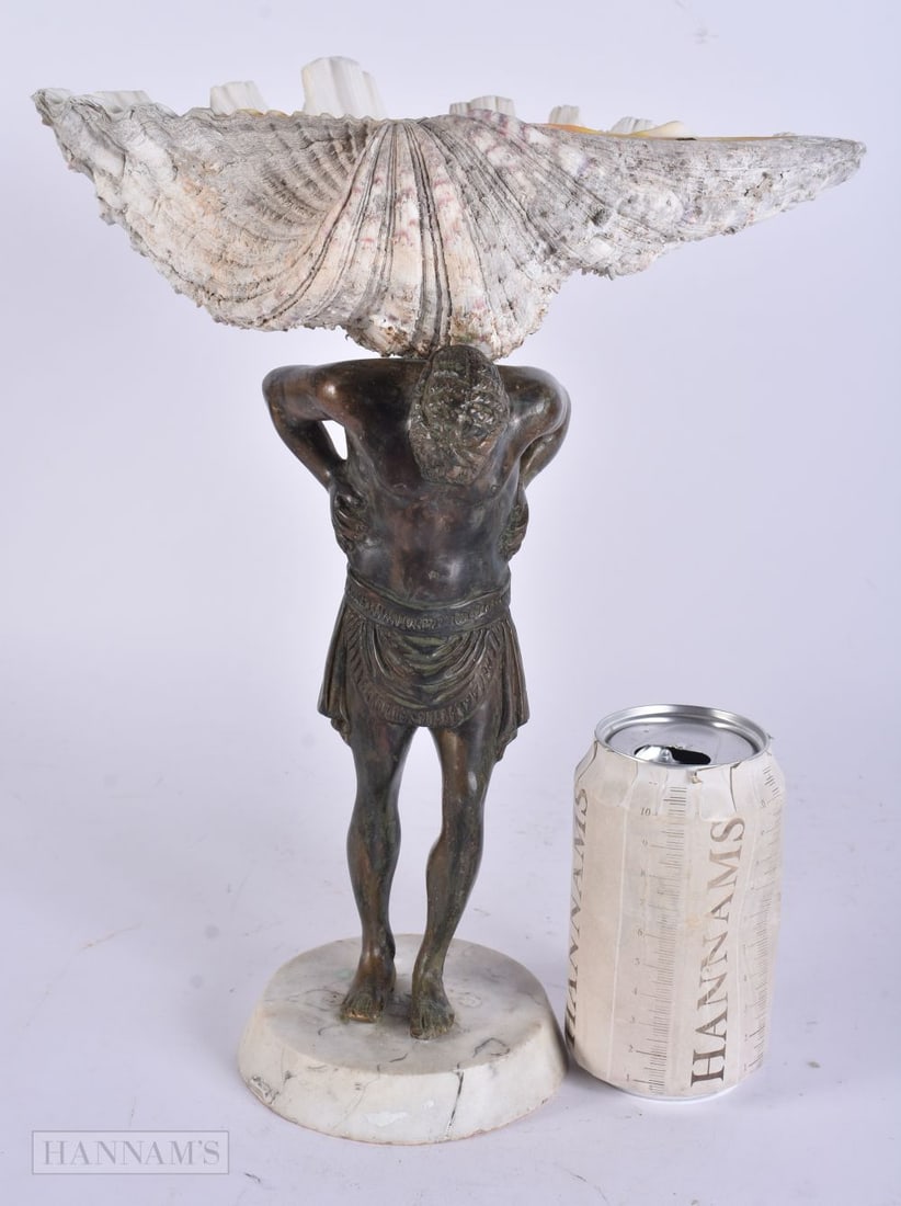 AN UNUSUAL EARLY 20TH CENTURY EUROPEAN GRAND TOUR BRONZE TABLE SALT formed as a male holding aloft a (1 of 6)