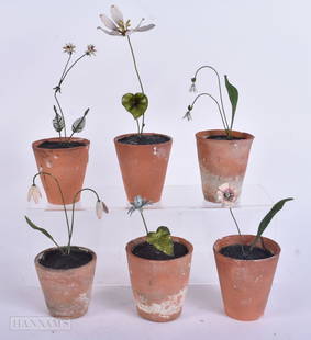 SIX UNUSUAL FRENCH POTTERY TOLE PAINTED FLOWER POTS. Largest 24 cm high. (6): SIX UNUSUAL FRENCH POTTERY TOLE PAINTED FLOWER POTS. Largest 24 cm high. (6)