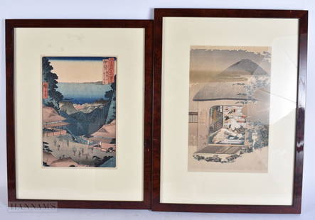 TWO LATE 19TH/20TH CENTURY JAPANESE MEIJI PERIOD WOODBLOCK PRINTS. Largest 48 cm x 34 cm. (2): TWO LATE 19TH/20TH CENTURY JAPANESE MEIJI PERIOD WOODBLOCK PRINTS. Largest 48 cm x 34 cm. (2)