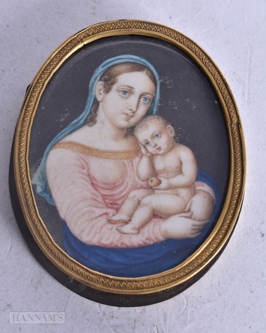 Italian School (19th Century) Watercolour, Madonna and child. 7.5 cm x 5.5 cm. (1 of 3)