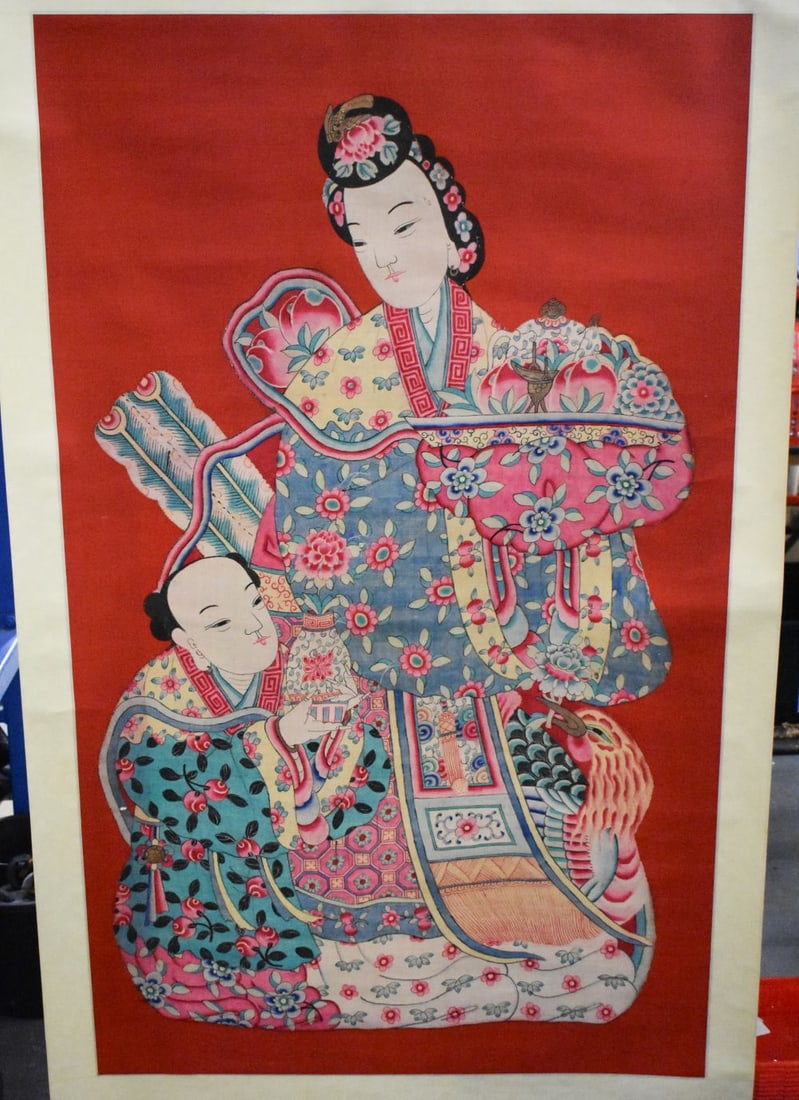 A LARGE EARLY 20TH CENTURY CHINESE SILK EMBROIDERY SCROLL depicting two figures. 190 cm x 100 cm. (1 of 7)
