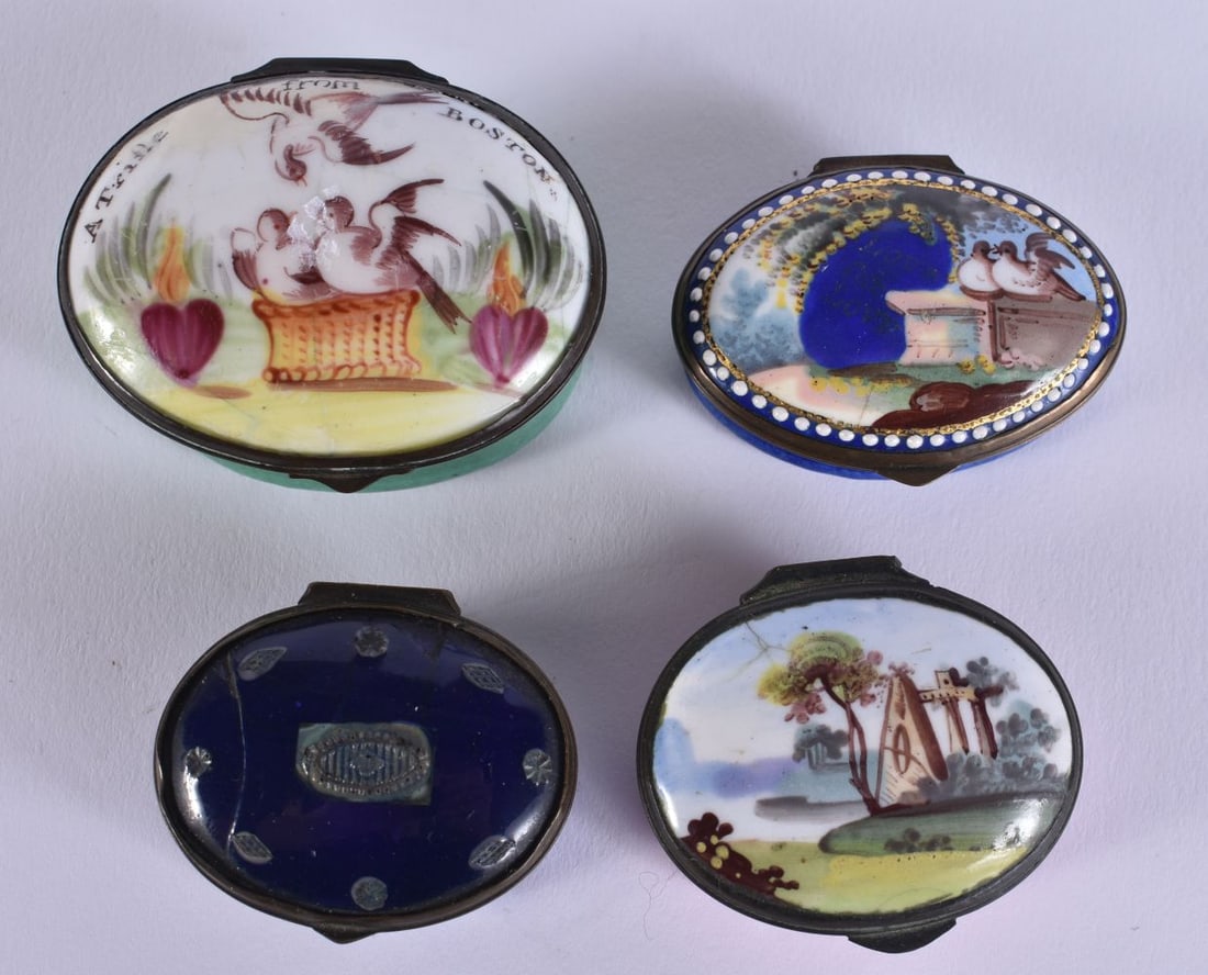 FOUR 18TH CENTURY ENGLISH ENAMEL PILL BOXES. Largest 6 cm wide. (4): FOUR 18TH CENTURY ENGLISH ENAMEL PILL BOXES. Largest 6 cm wide. (4)