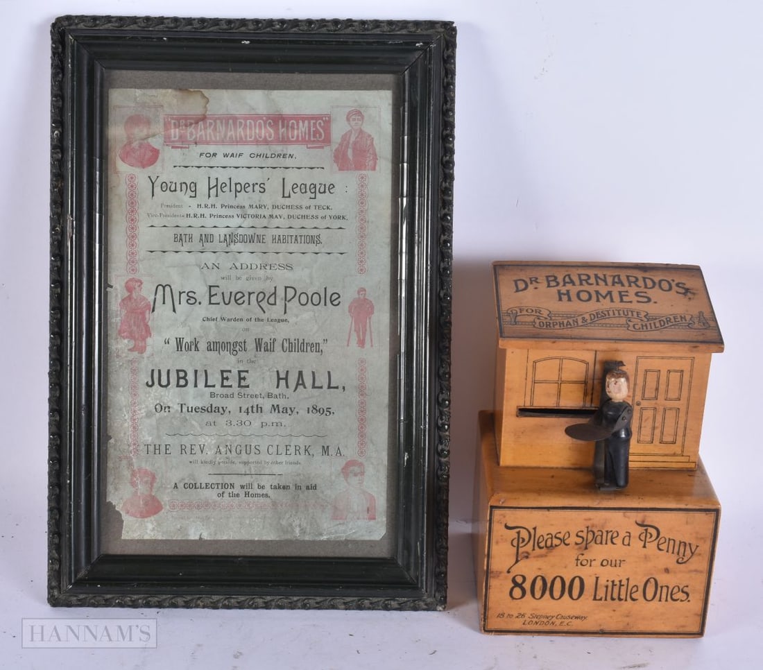 A VERY RARE VICTORIAN TREEN DR BARNARDOS HOMES ORPHAN MONEY BOX together with a C1895 Barnardo's adv: A VERY RARE VICTORIAN TREEN DR BARNARDOS HOMES ORPHAN MONEY BOX together with a C1895 Barnardo's advert. Advert 30cm x 20 cm, box 16.5 cm x 11 cm.