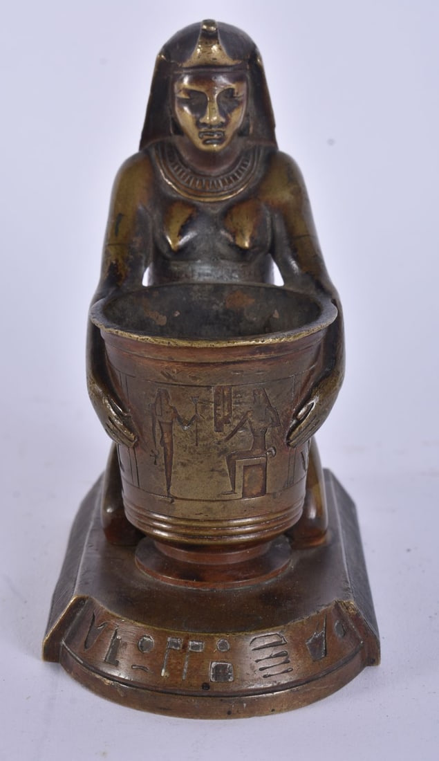 A RARE 19TH CENTURY FRENCH EGYPTIAN REVIVAL BRONZE VESTA MATCH STRIKER formed as a seated pharaoh. 1 (1 of 5)