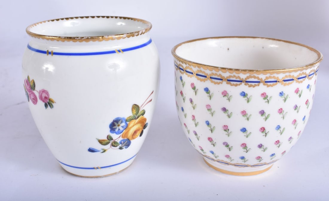 18th century Sevres beaker painted with pink and blue repeating flowers, crossed L?s, painters marks: 18th century Sevres beaker painted with pink and blue repeating flowers, crossed L?s, painters marks, incised marks and a amphora shaped vase painted with flowers, incised marks, 8.5 cm high