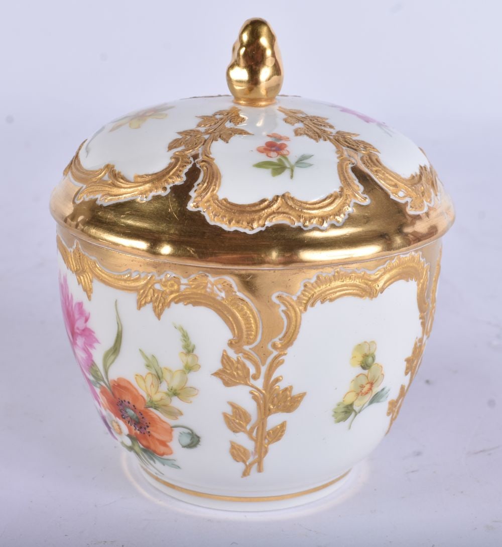 19th century Berlin sucrier and cover painted with flowers, with raised gilt, sceptre and KPM, 10cm: 19th century Berlin sucrier and cover painted with flowers, with raised gilt, sceptre and KPM, 10cm inc finial