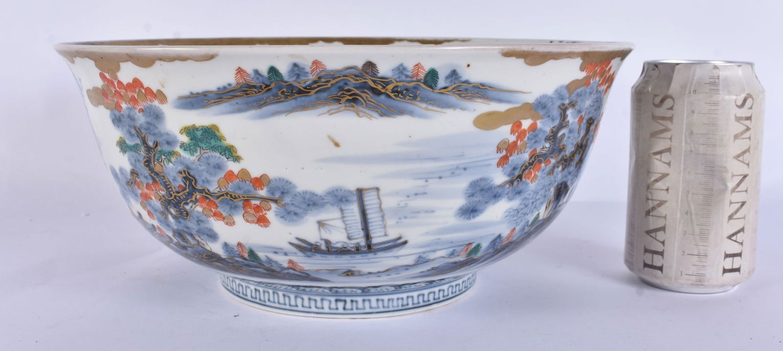 A LARGE 19TH CENTURY JAPANESE MEIJI PERIOD IMARI PORCELAIN BOWL painted with landscapes. 28cm x 12 c (1 of 5)