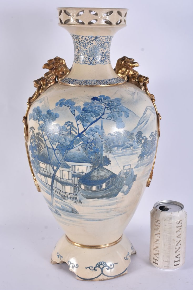 A LARGE EARLY 20TH CENTURY JAPANESE MEIJI PERIOD SATSUMA VASE painted with landscapes. 45 cm x 18 cm (1 of 5)