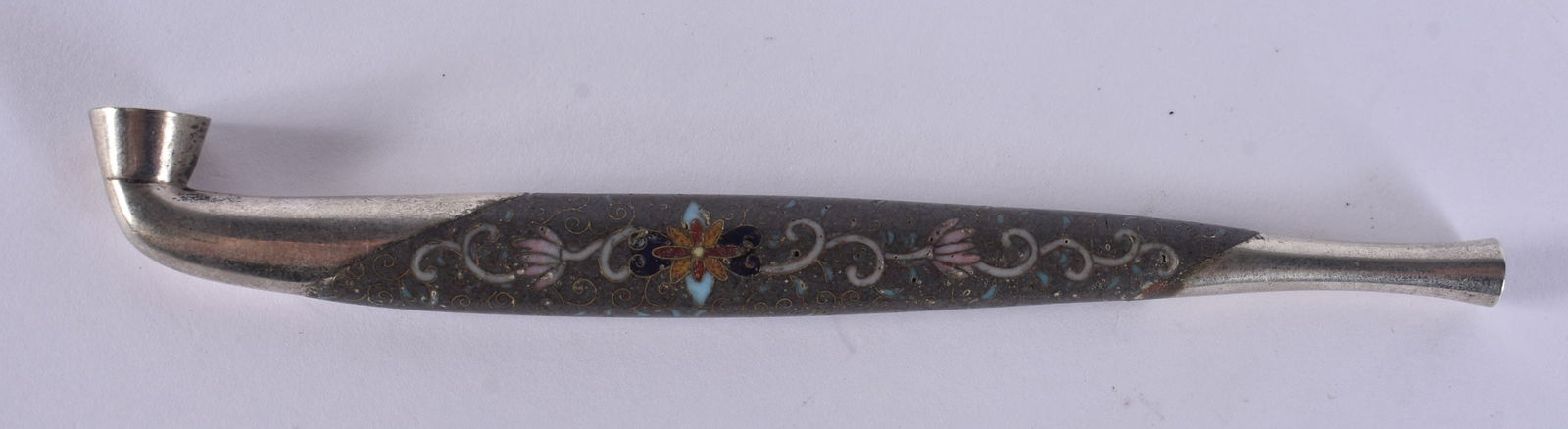 A 19TH CENTURY JAPANESE MEIJI PERIOD CLOISONNE ENAMEL PIPE decorated with foliage. 13 cm long.: A 19TH CENTURY JAPANESE MEIJI PERIOD CLOISONNE ENAMEL PIPE decorated with foliage. 13 cm long.