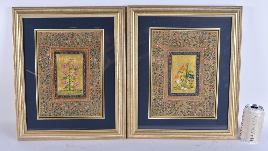 A PAIR OF ISLAMIC PERSIAN PAINTED BOTANICAL SCENES. 42 cm x 34 cm.: A PAIR OF ISLAMIC PERSIAN PAINTED BOTANICAL SCENES. 42 cm x 34 cm.